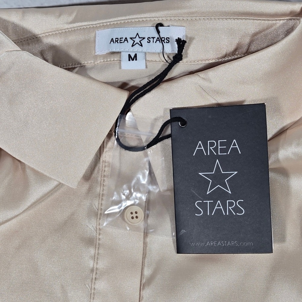 AREA STARS Womens Satin Pleated Sleeve Button Down Blouse Shirt Top Beige Medium - Picture 3 of 8